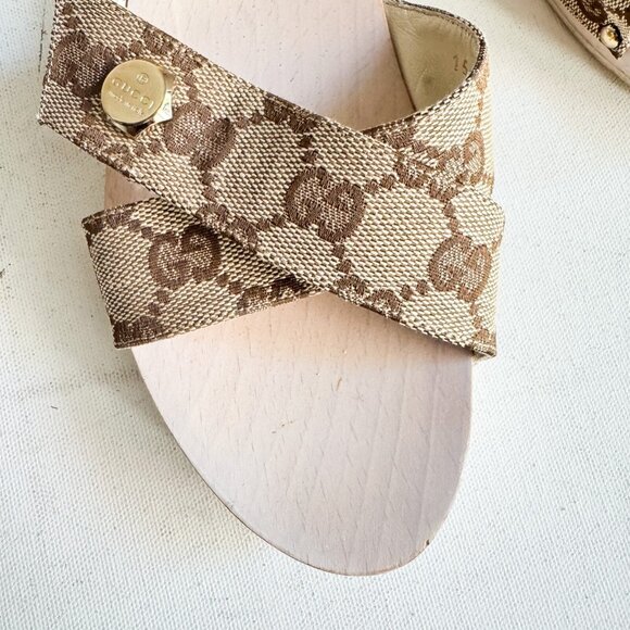 Gucci Canvas Monogram Wood Sole Clog Sandals 37 - Picture 3 of 16